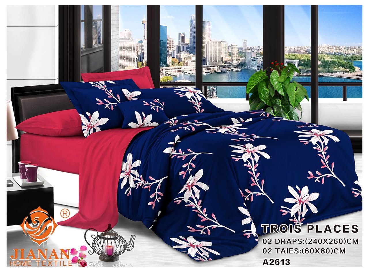 Ensemble lit Jianan fleurs blanches, bleu Marine