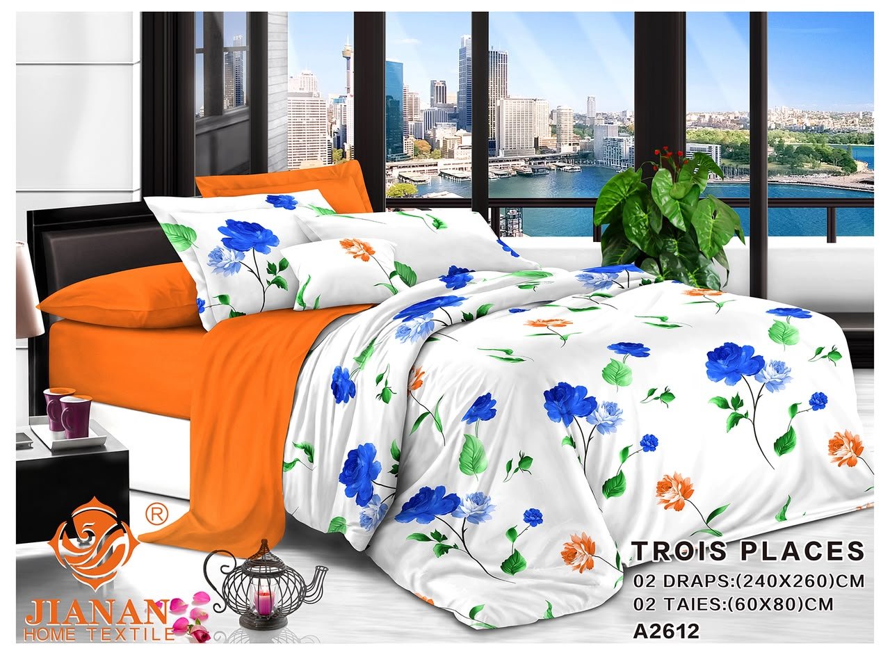Ensemble lit Jianan / 2 draps 2 taies fleurs, bleu,orange