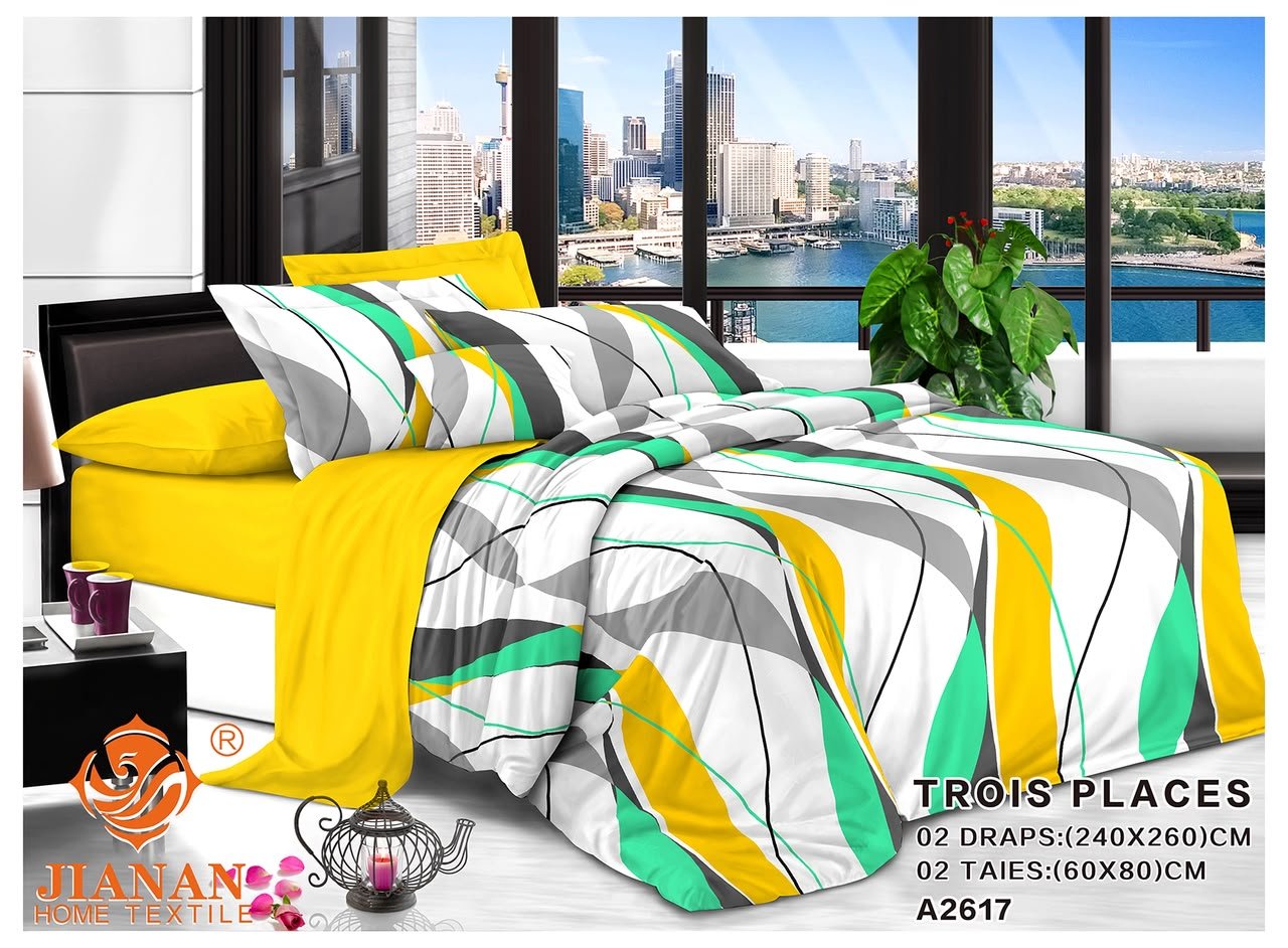 Parures de lit jaune soleil, vert menthe,gris +Motif vague Modernes
