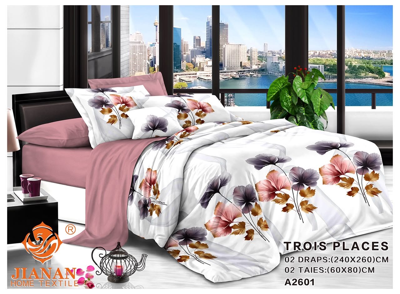 Ensemble lit 3P fleurs Artistiques rose poudré