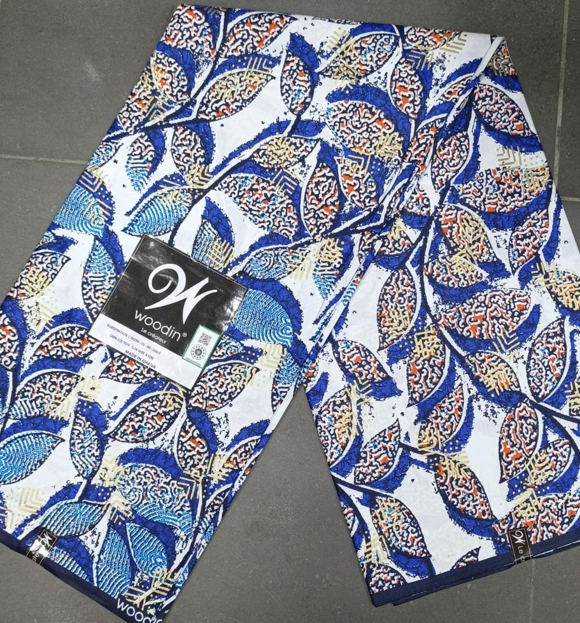 Pagne woodin Feuilles tribal Bleu royal Blanc Orange