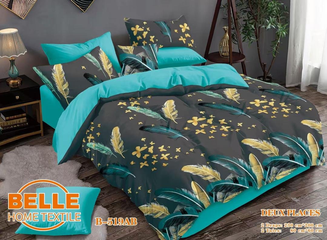 Parure de lit -Plumes Doré – Turquoise Gris