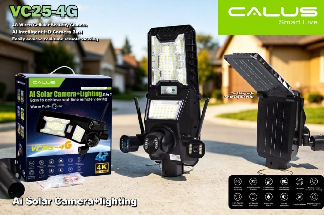 CAMÉRA SOLAIRE 4G CALUS VC25-4G – PROJECTEUR LED 3 EN 1