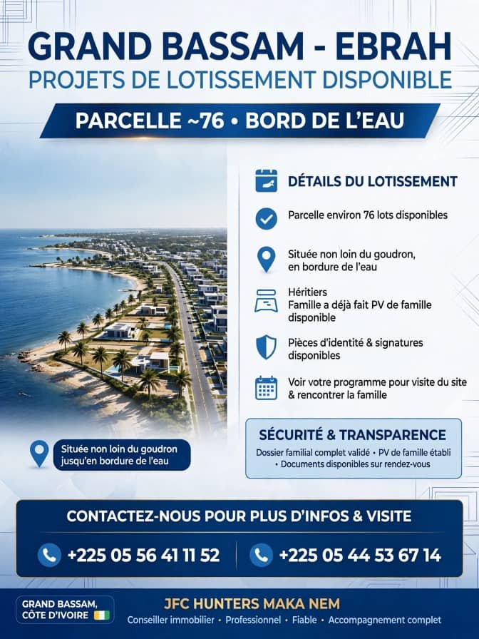Parcelle Grand Bassam en vente